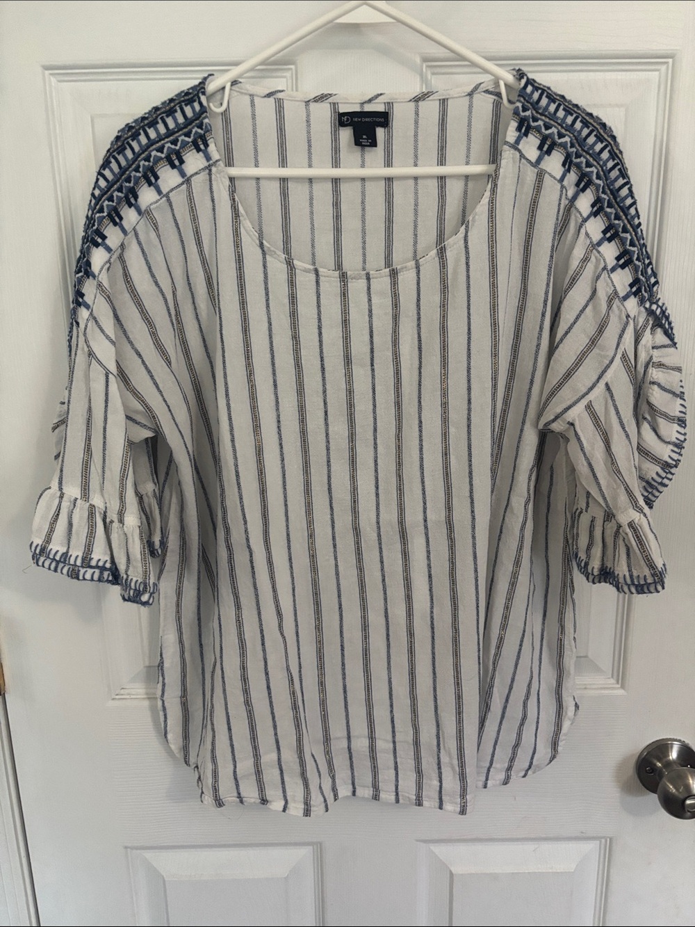 new directions White Blouse with Blue Stripe and Embroidered Shoulders